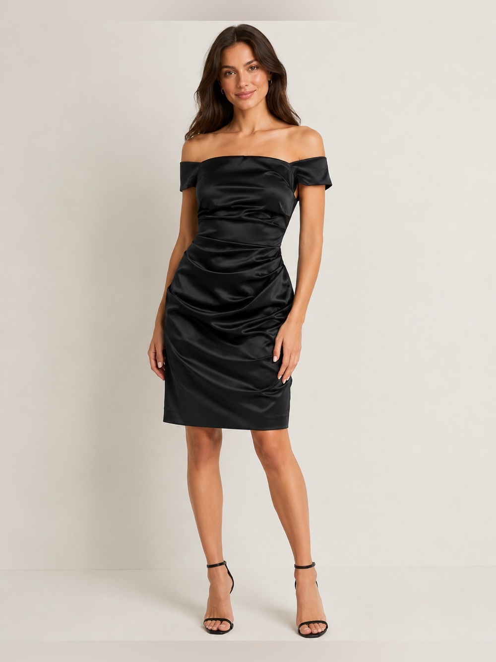 Betsy & Adam Black One-Shoulder Satin Cocktail Dress